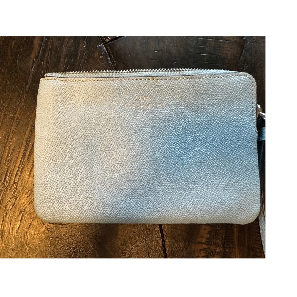 Coach Corner Zip Wristlet Light Blue Crossgrain‎ Leather 58032 Gold Logo